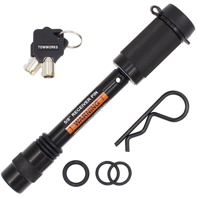 TowWorks 79631 Keyed Unique 5/8"" Trailer Hitch Lock with Extra Long 3-1/4"" Span  Double Safety Tow Hitch Receiver Locking Pin for Class III IV Hitches with 2"" and 2.5"" Receivers - Image 1